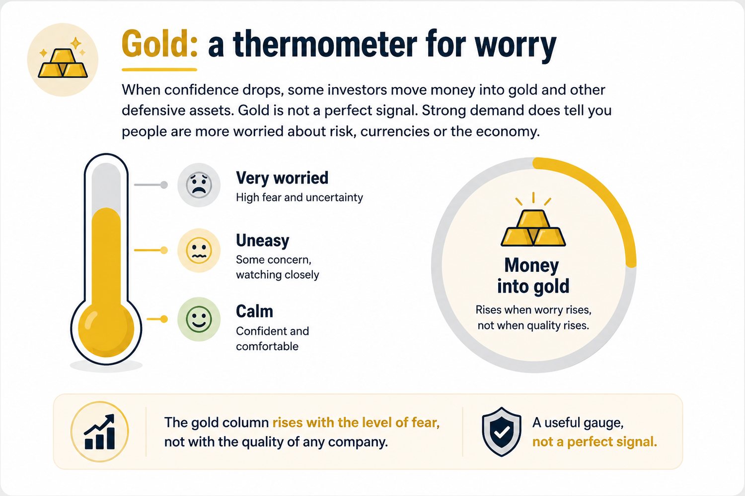 Gold is a thermometer for worry: the column rises from calm to uneasy to very worried.